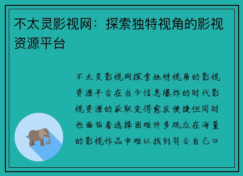 不太灵影视网：探索独特视角的影视资源平台